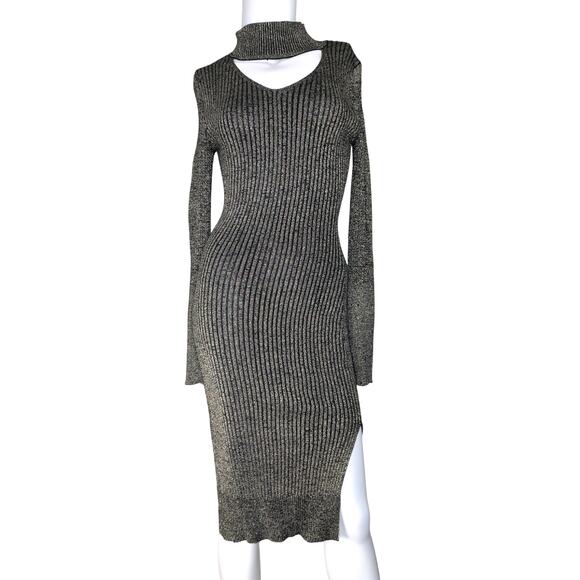 Y2K Metallic Cutout Bodycon Ribbed Midi Dress Small Grunge Clubwear Baddie Edgy - Picture 1 of 7